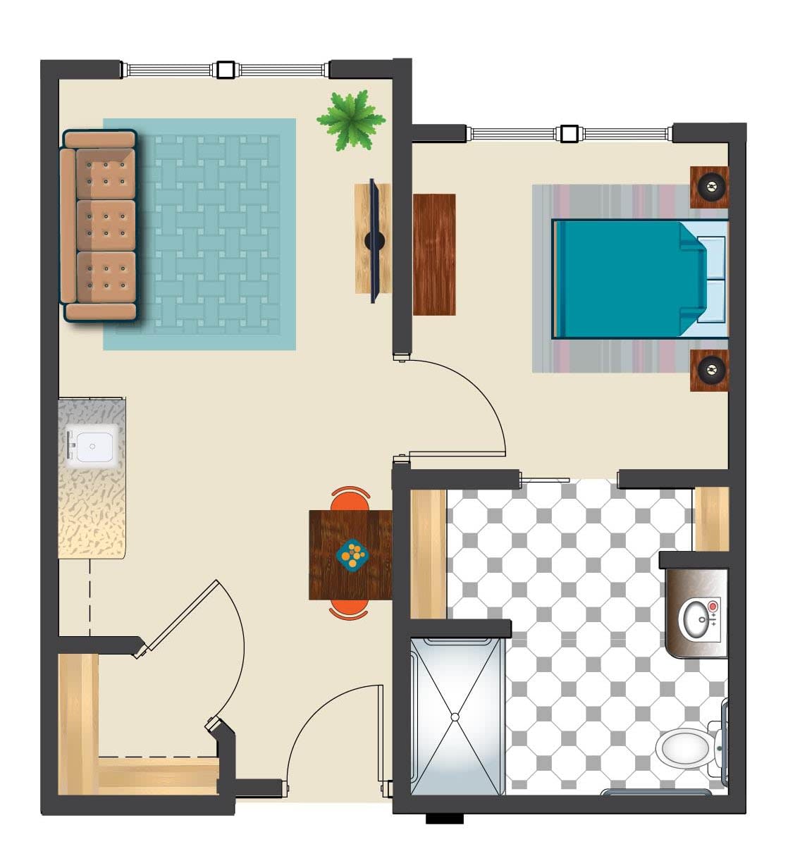 A simple floor plan of a one-bedroom apartment with a living area, separate bedroom, and bathroom.