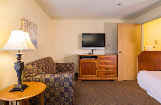A cozy hotel room featuring a couch, television, and wooden dresser.