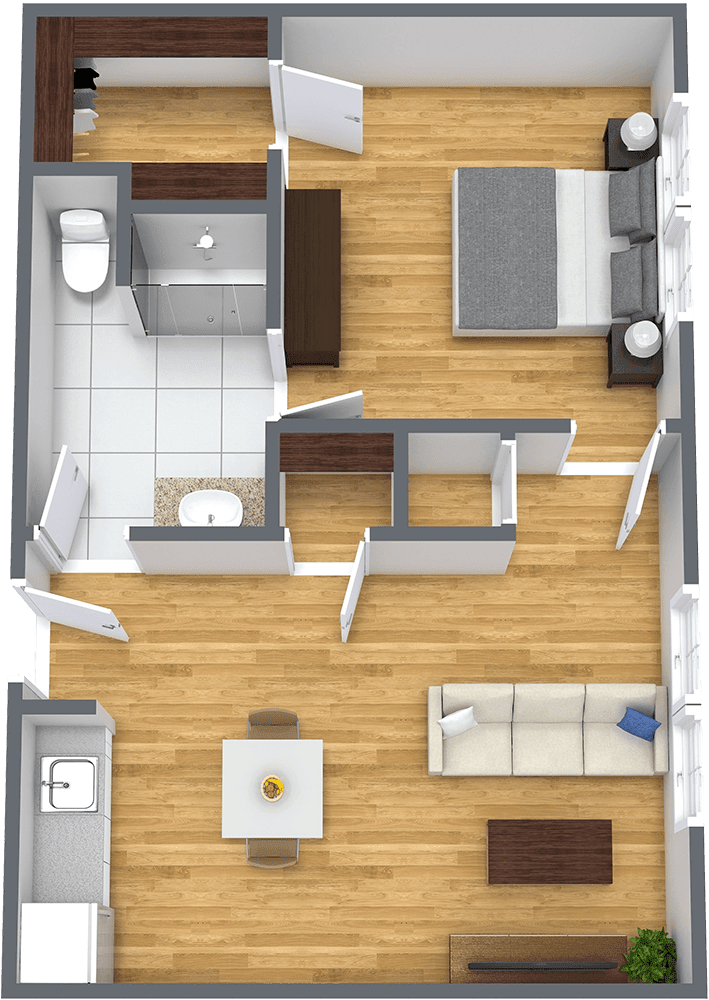 A 3D floor plan of a modern one-bedroom apartment featuring a living room, kitchen, bathroom, and bedroom.