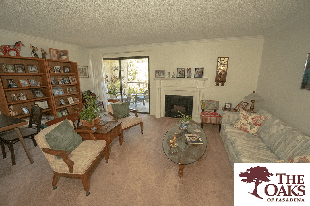 A cozy living room with comfortable seating, a fireplace, and various decorative elements.