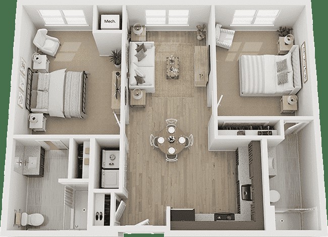 An overhead view of a two-bedroom apartment floor plan with an open living and dining area.