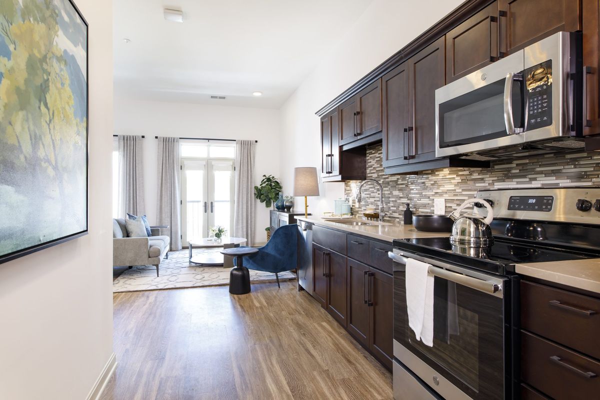 A modern open-concept apartment featuring a kitchen with dark cabinets and stainless steel appliances, flowing into a cozy living room.
