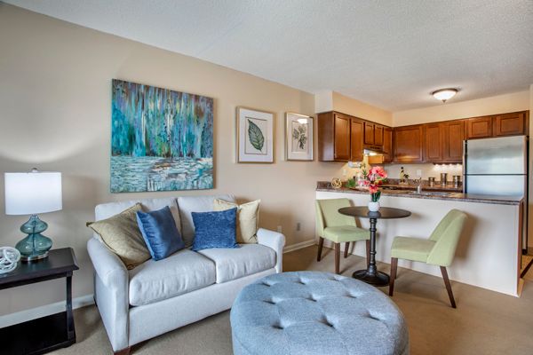 A cozy living room and kitchen area with a white sofa, colorful pillows, and decorative artwork.