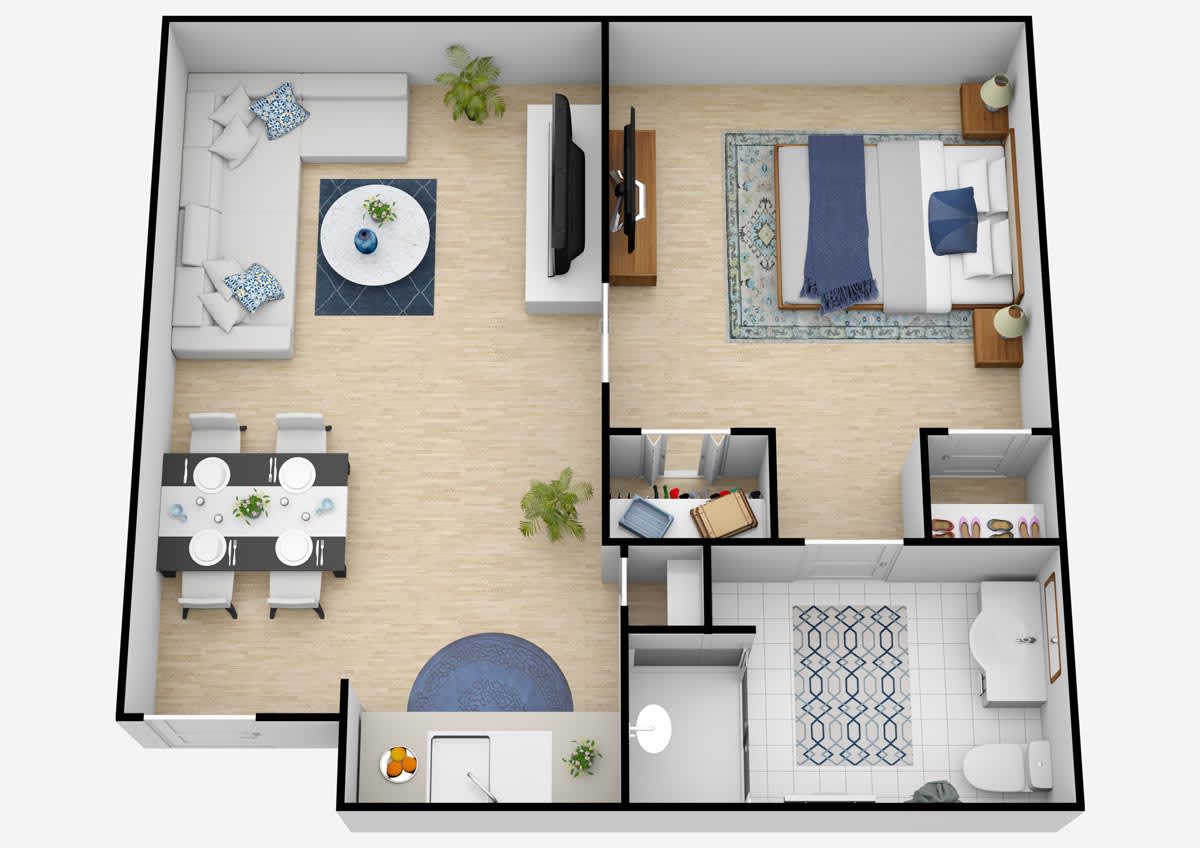 A modern one-bedroom apartment floor plan featuring an open living and dining area, a cozy bedroom, and a compact kitchen.