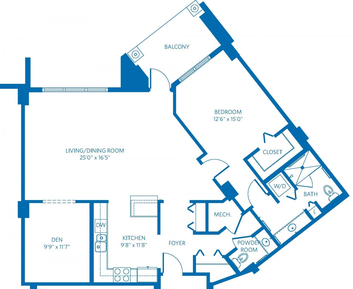 A detailed floor plan of an apartment featuring labeled rooms and dimensions.