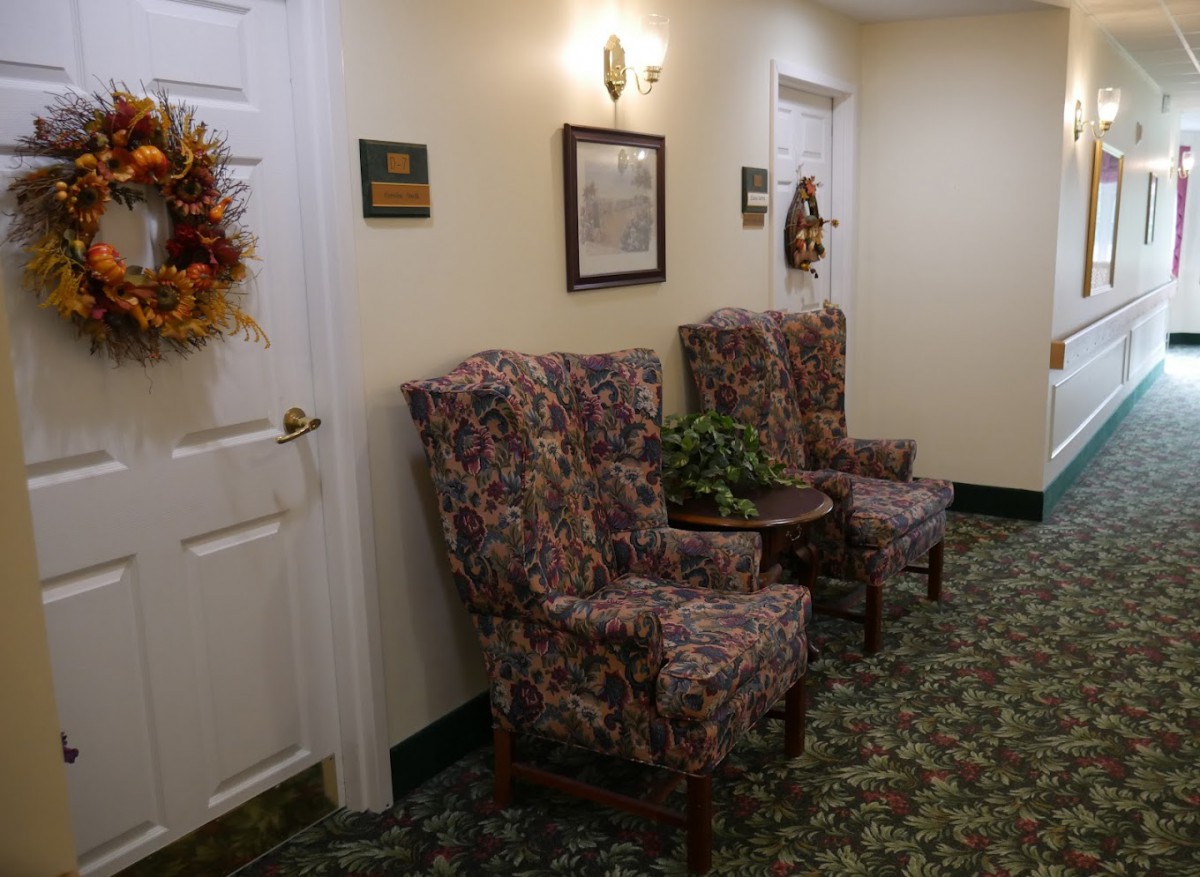 A cozy hallway with two floral armchairs, a small round table with a plant, and decorative wall accents.