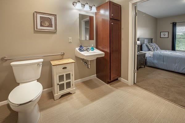 A modern bathroom featuring a sink with a mirror, toilet, and storage cabinet.