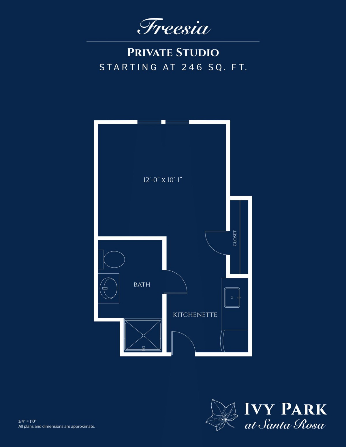 Floor plan of a private studio apartment starting at 290 sq. ft.