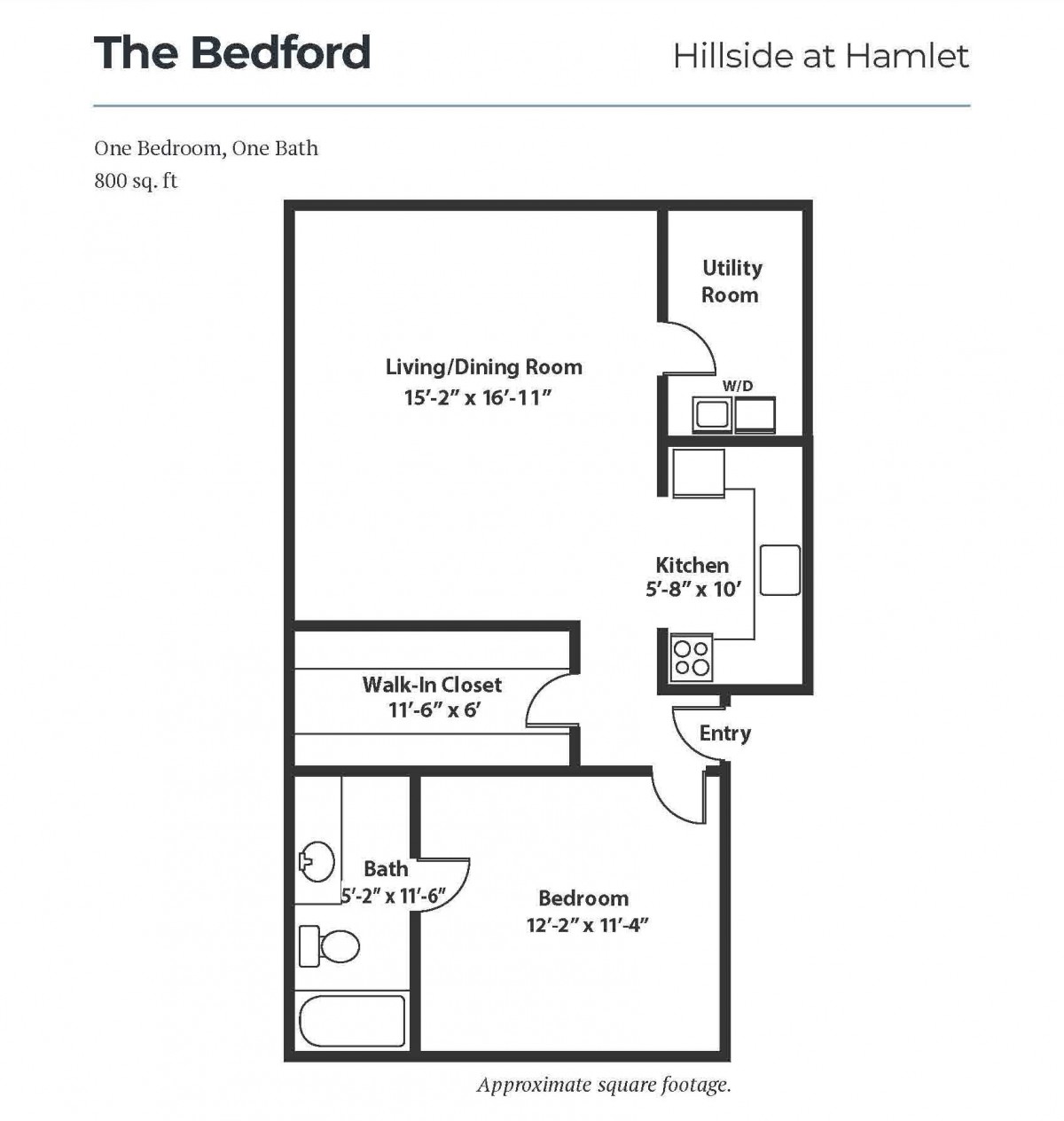 Floor plan of a one-bedroom apartment titled 'The Bedford' at Hilldale at Hemet.