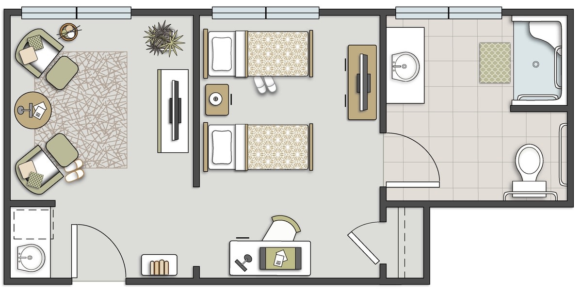 A floor plan showcasing a bedroom with twin beds and a modern interior layout.