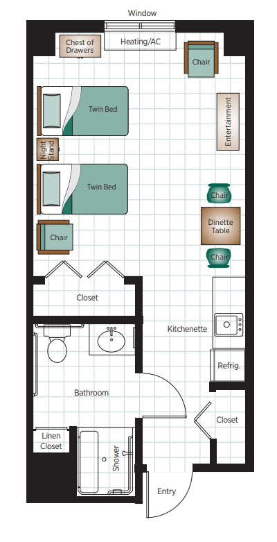 Studio apartment floor plan with designated areas for living, sleeping, and dining.