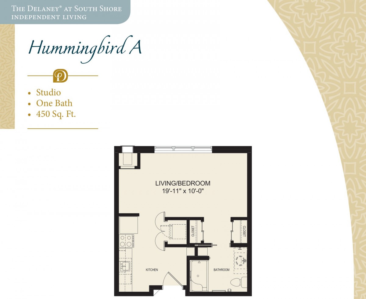 Studio apartment floor plan for Hummingbird A with a living area and bathroom.
