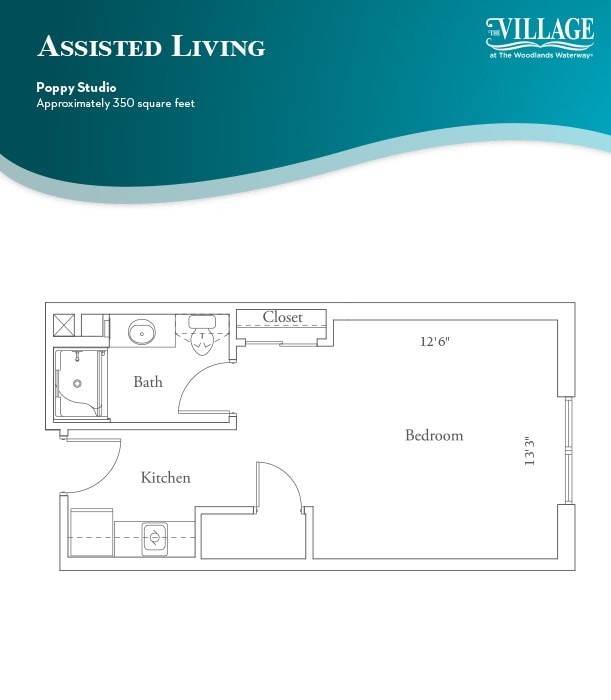 Floor plan of an assisted living studio apartment.