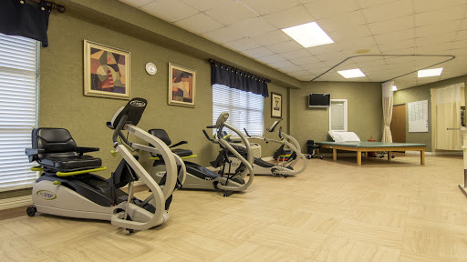 A well-equipped gym area designed for exercise and rehabilitation, featuring various cardio machines.
