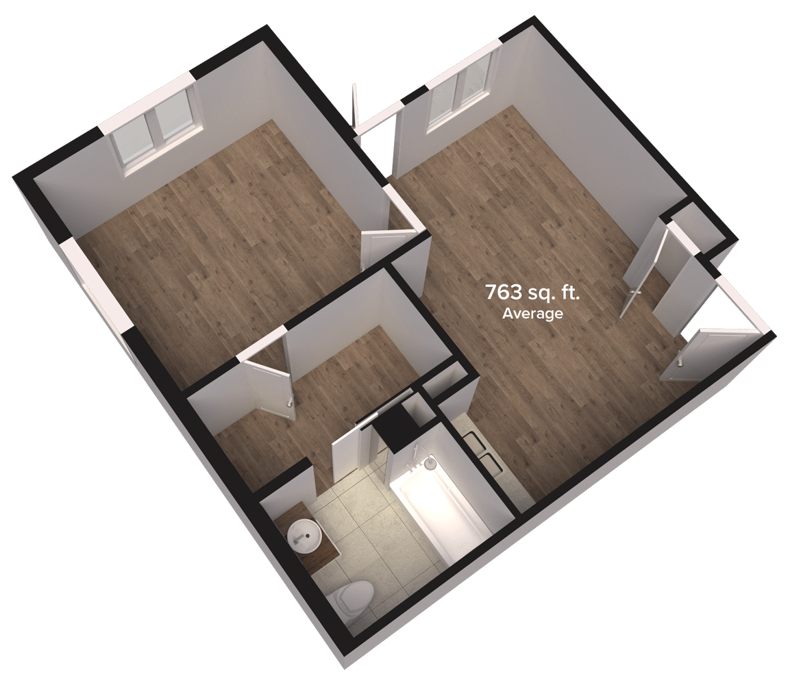 3D floor plan of a small apartment showing the layout of rooms and overall space.