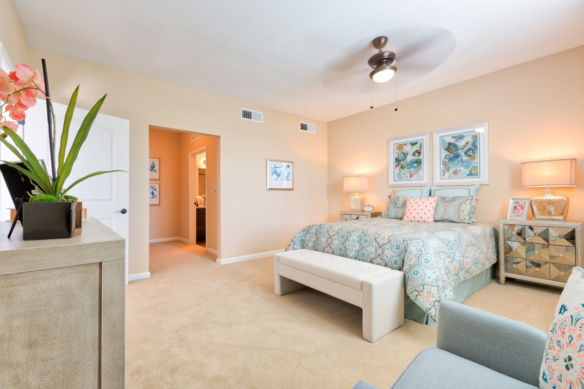 A modern bedroom featuring a large bed, stylish decor, and soft lighting.