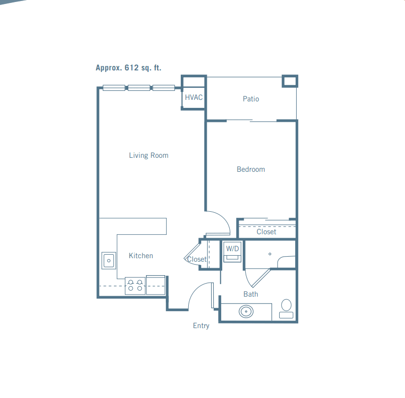 Floor plan of a one-bedroom apartment with designated spaces for living room, kitchen, and bathroom.