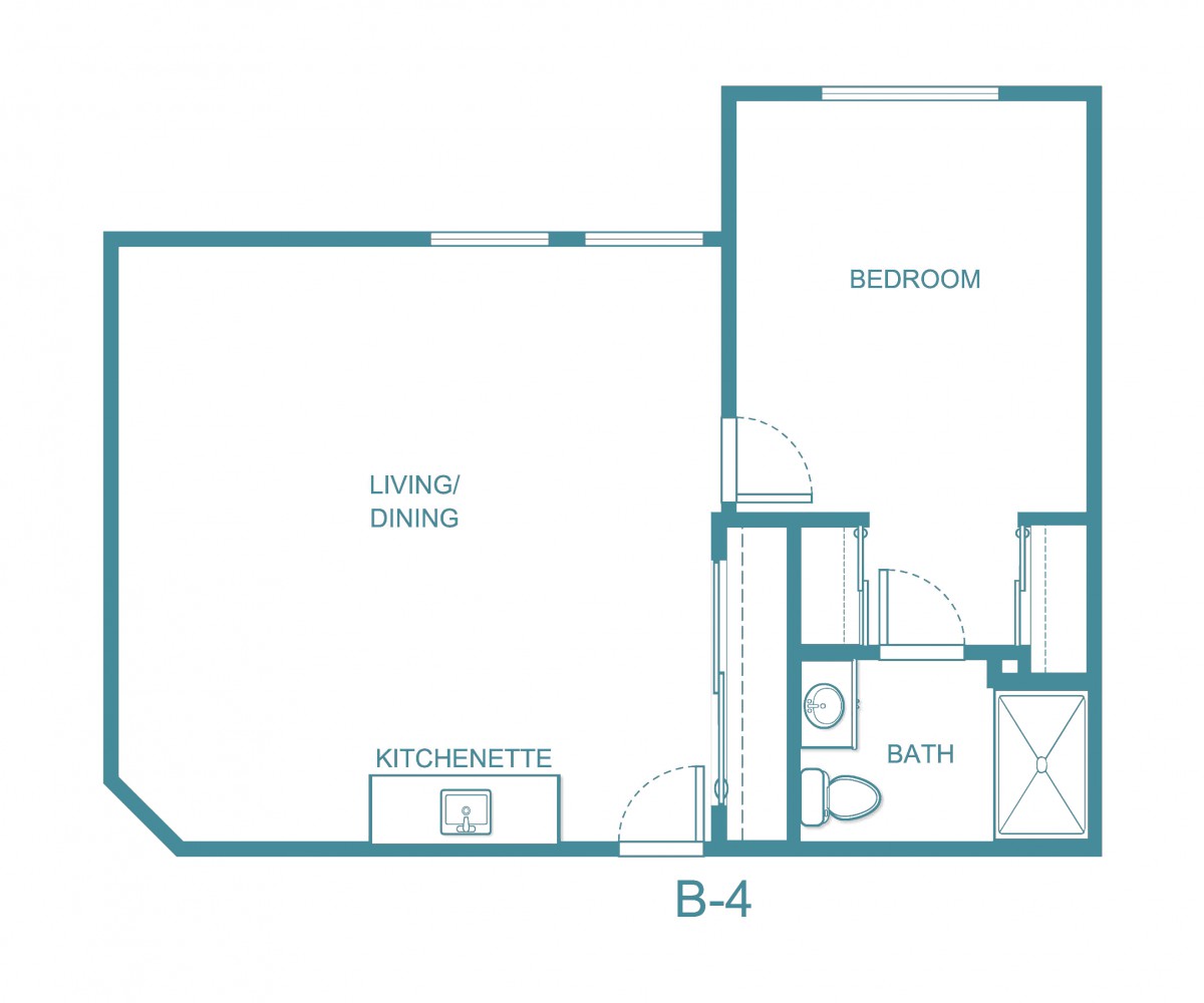 A floor plan for a one-bedroom apartment with a kitchenette, living/dining area, and bathroom.
