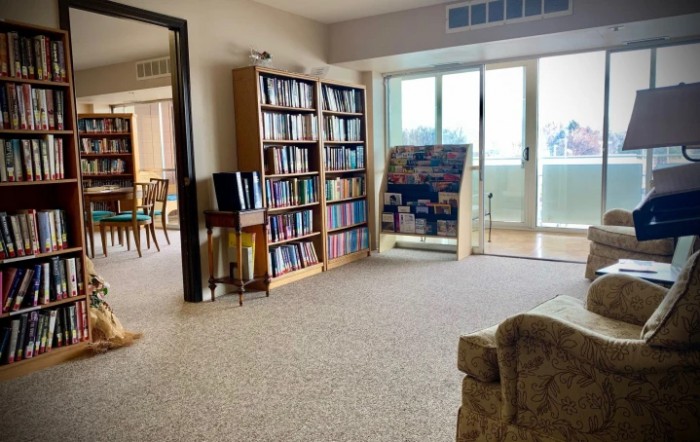 Cozy living room with bookshelves filled with books, a large window, and a comfortable chair.