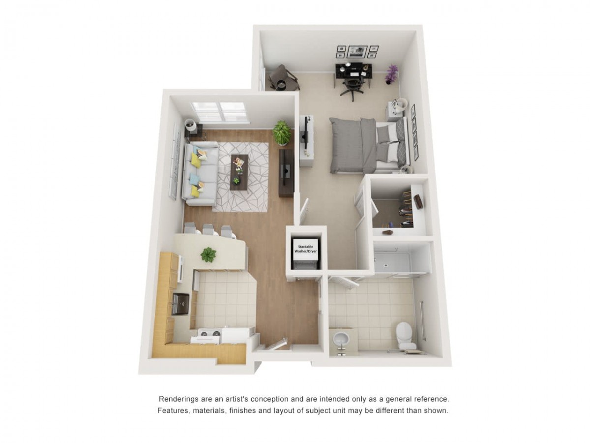 A 3D floor plan of a one-bedroom apartment featuring a living room, kitchen, bathroom, and bedroom.