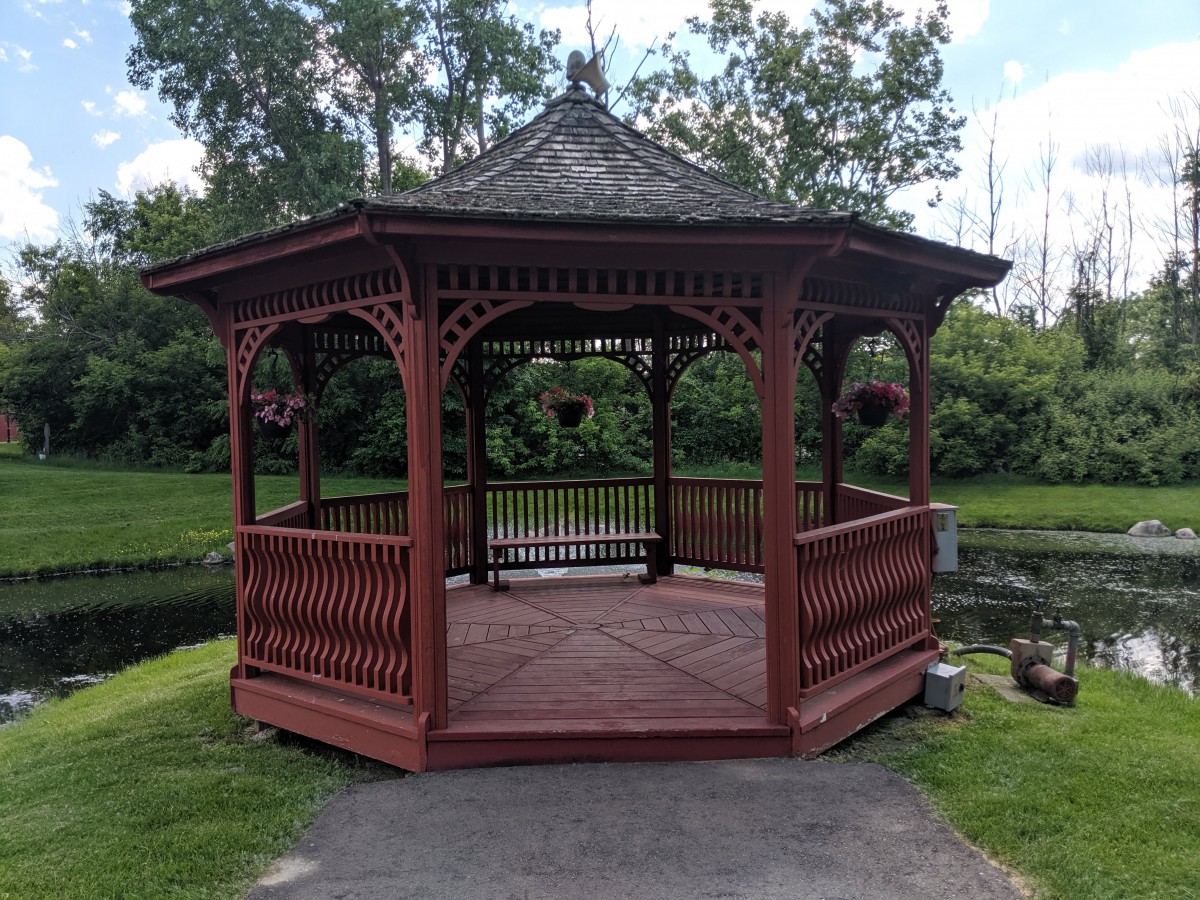 A wooden gazebo in a park surrounded by greenery.