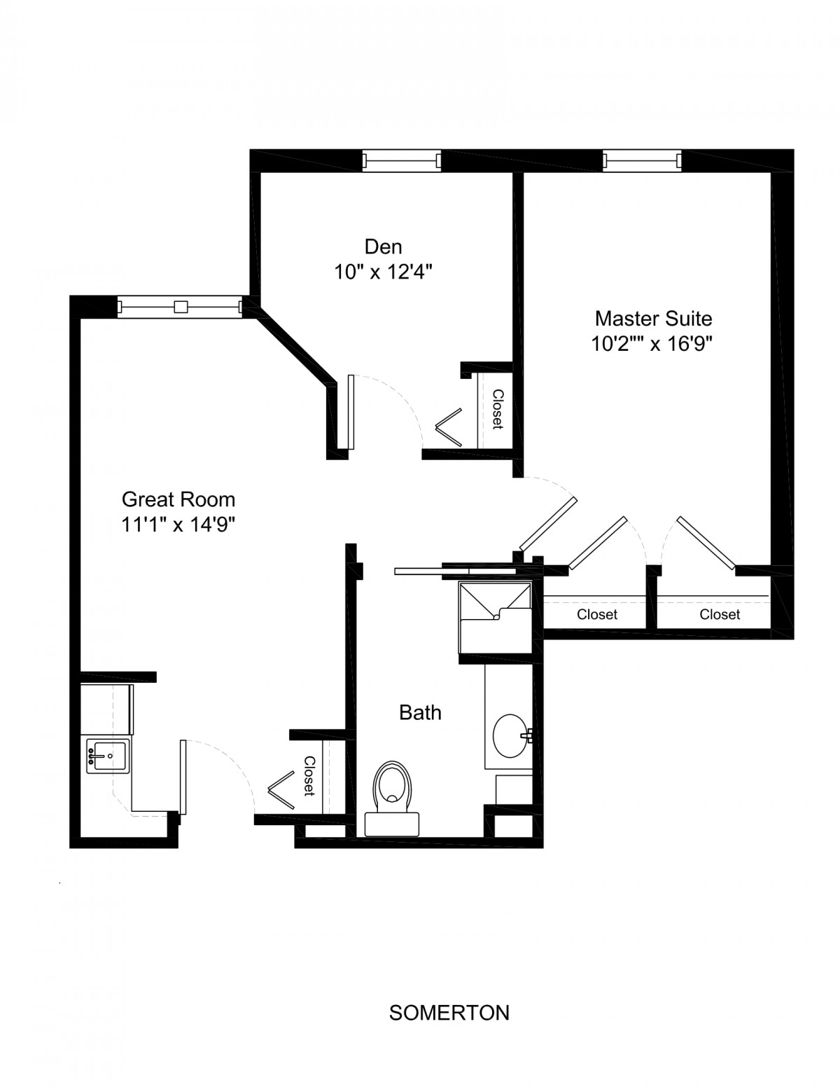 A floor plan showing a detailed layout of an apartment including a master suite, den, great room, kitchen, and bathroom.