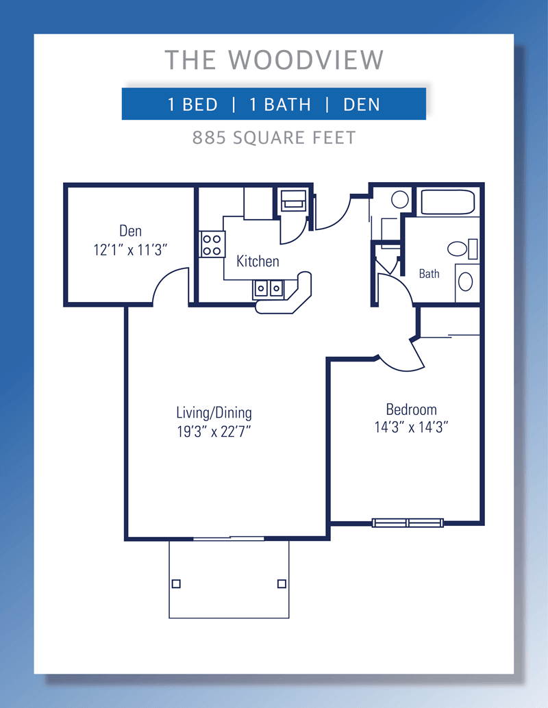 A floor plan of an apartment featuring one bedroom, one bathroom, a den, kitchen, and living room.