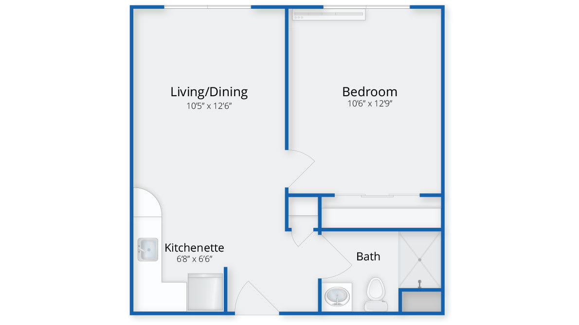 Floor plan of a one-bedroom apartment with a living/dining area, kitchenette, and bathroom.