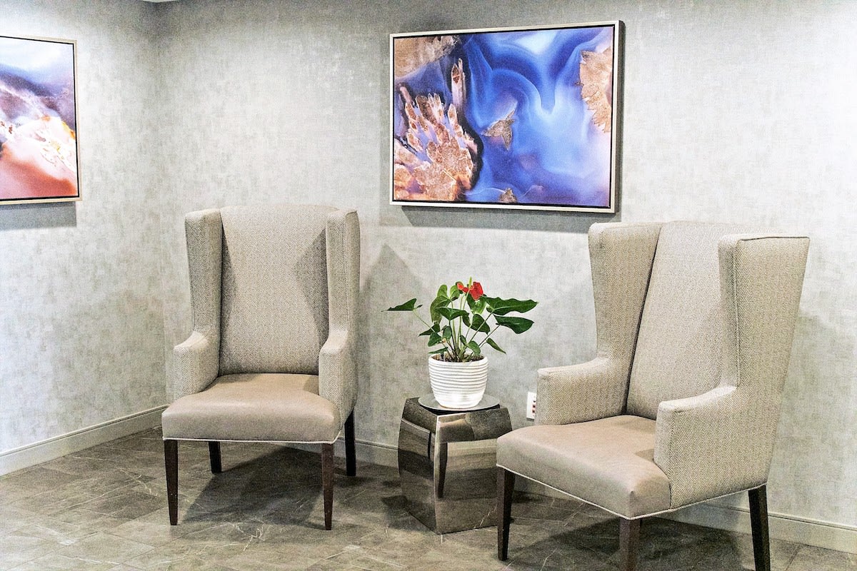 Elegant waiting area with two beige chairs, a small table with a plant, and abstract artwork on the wall.