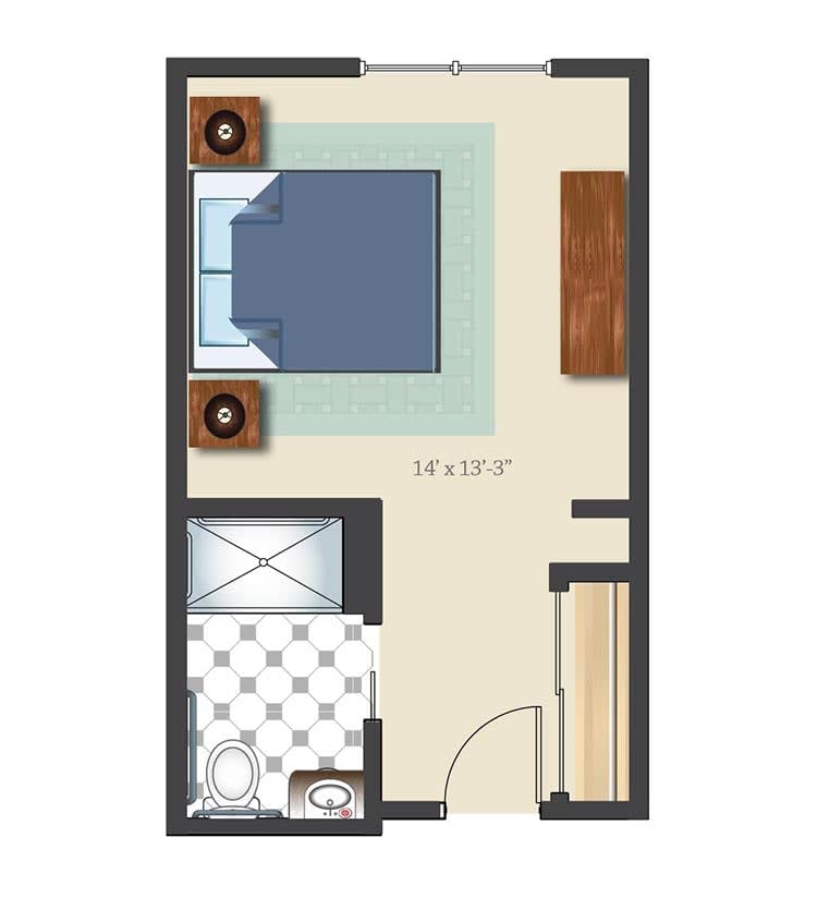 A simple floor plan of a small bedroom featuring a bed, two nightstands, and an attached bathroom.