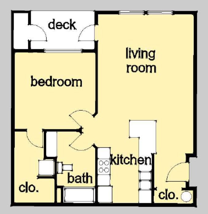 Floor plan of a one-bedroom apartment with living room, kitchen, bathroom, deck, and closets.