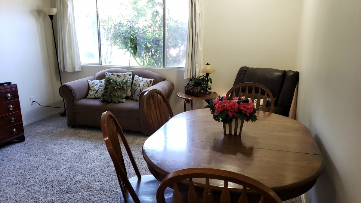 A cozy living and dining area with a wooden table and chairs, a sofa by the window, and a vase of flowers on the table.