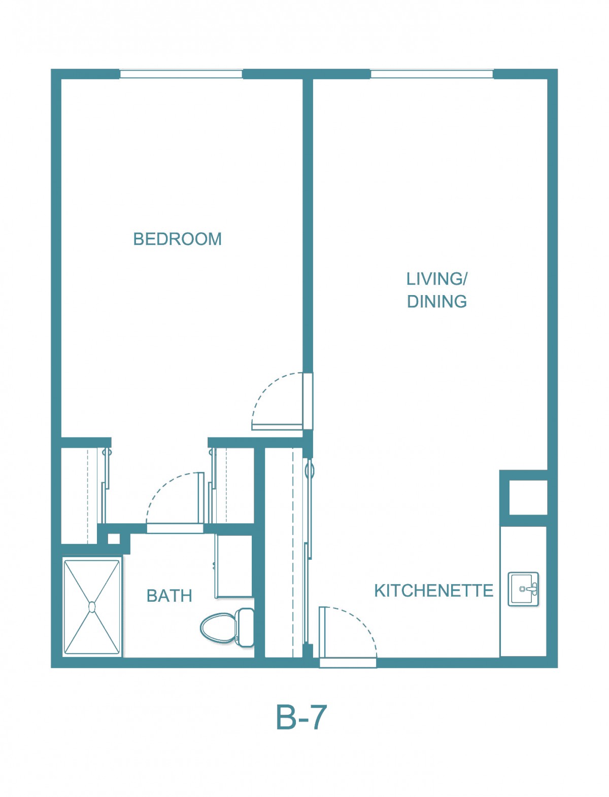 A floor plan depicting a one-bedroom apartment layout with labeled sections for the bedroom, bath, living/dining area, and kitchenette.