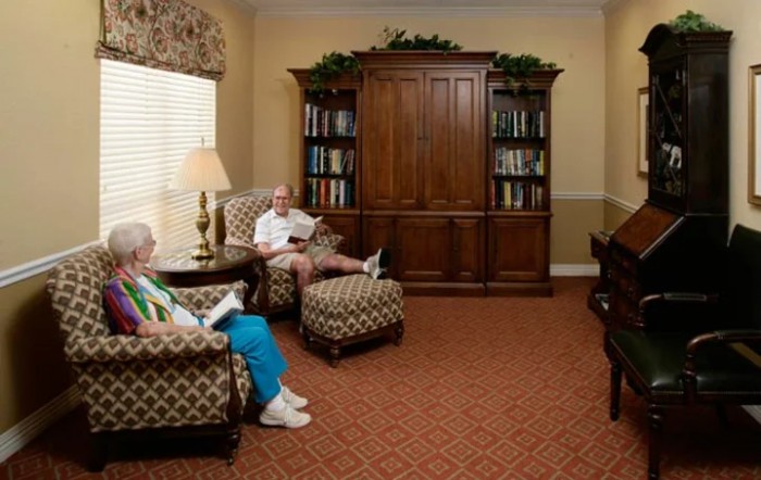 Two elderly individuals sitting in a cozy living room, reading in armchairs beside a large wooden bookshelf.
