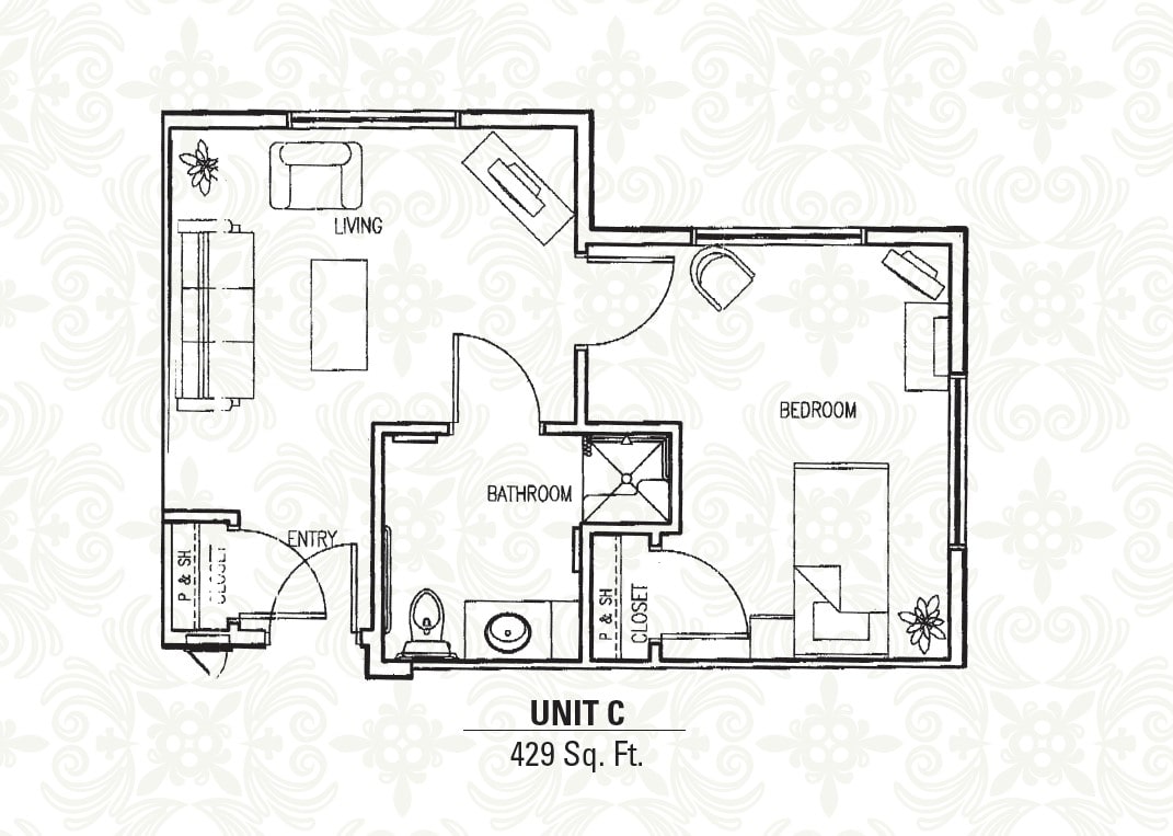 Floor plan of Unit C, featuring a compact apartment layout measuring 428 square feet.