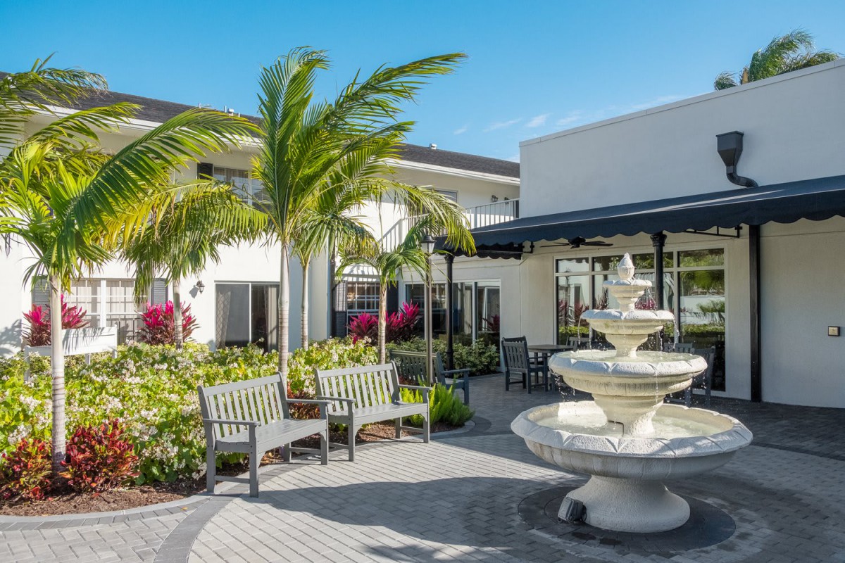 A scenic outdoor area featuring a fountain, palm trees, and benches in front of a modern building.
