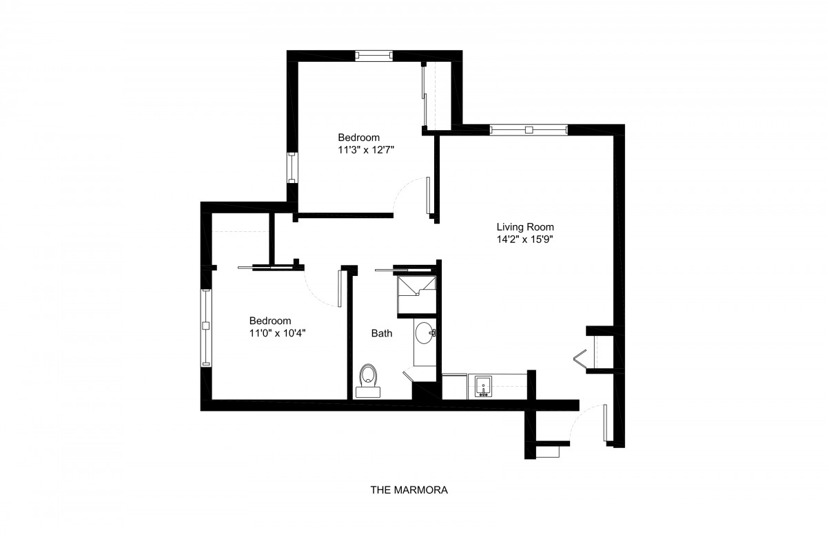 A floor plan layout of a two-bedroom apartment.