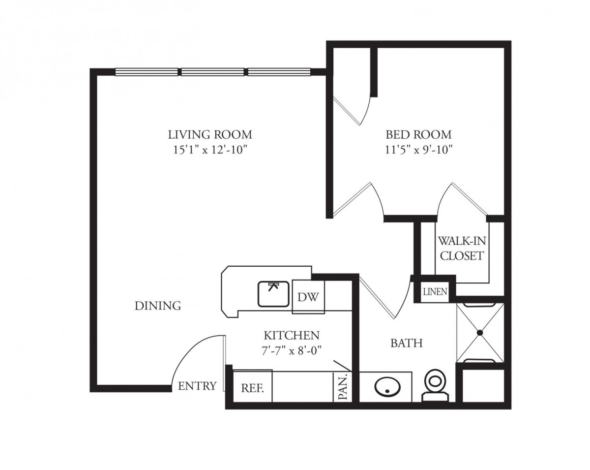 A floor plan of a one-bedroom apartment featuring a living room, kitchen, bathroom, and closet.