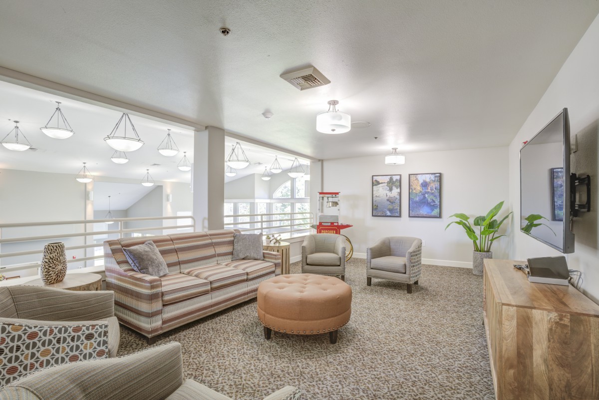 A modern lobby with comfortable seating and stylish decor.