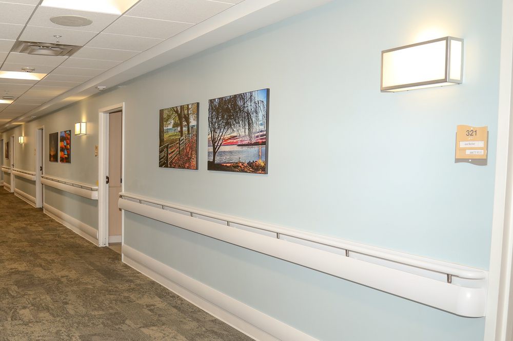 A hallway with light blue walls, adorned with paintings and equipped with a handrail.