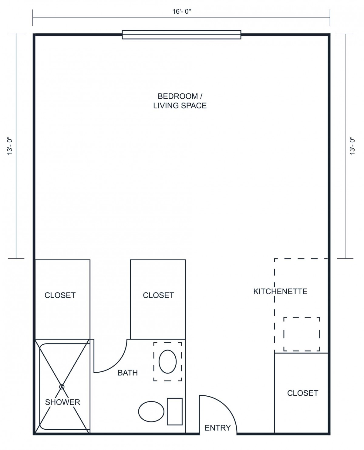 Studio apartment floor plan with designated areas for living, kitchen, and bathroom.