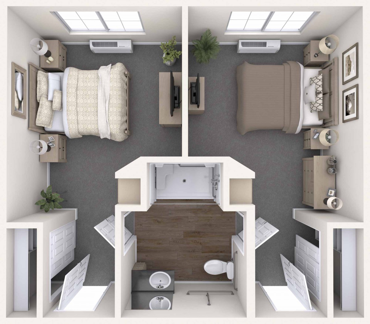 This image shows a modern apartment floor plan featuring two bedrooms and a shared bathroom.