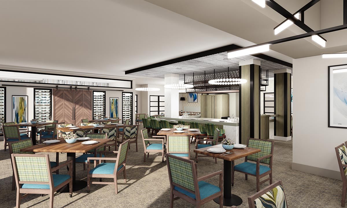 A modern restaurant dining area with stylish furniture and decor.