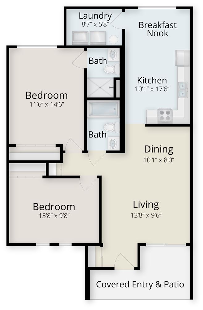Two-bedroom apartment floor plan with living, dining, kitchen, and two bathrooms.