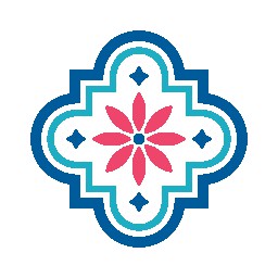 A geometric floral pattern with blue and red colors.