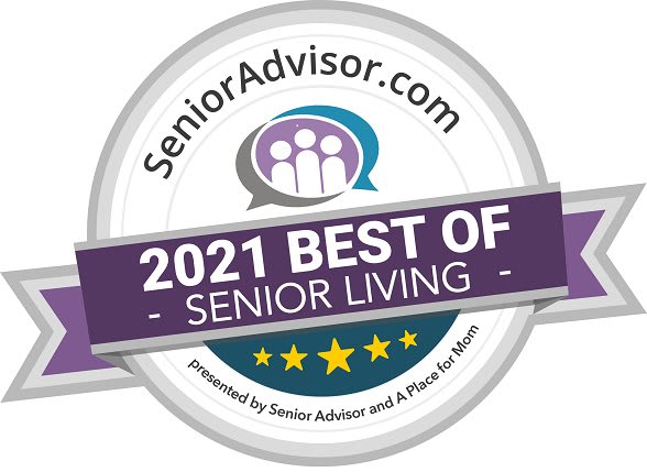 The image displays the '2021 Best of Senior Living' award seal from SeniorAdvisor.com.