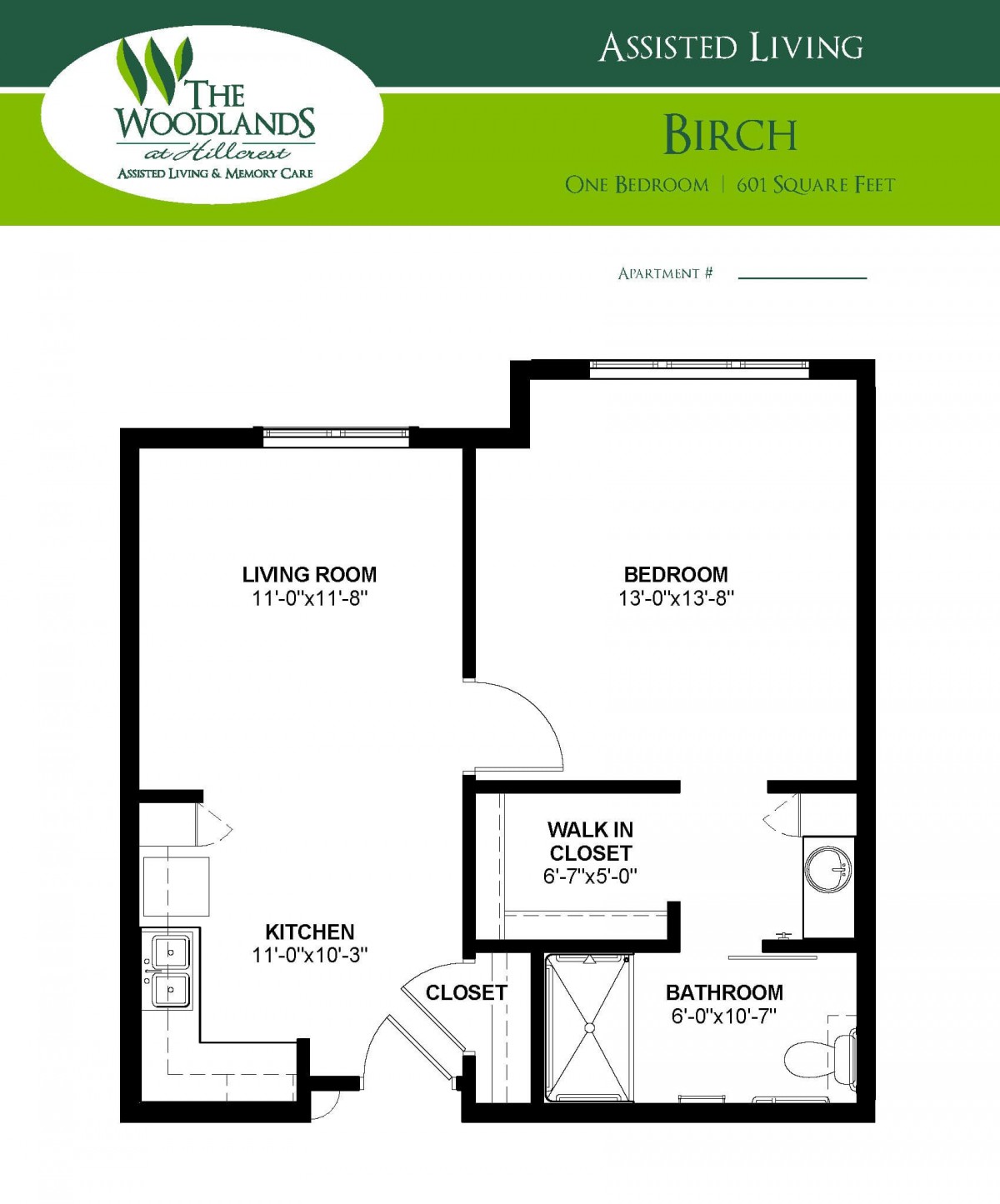 A floor plan of a one-bedroom apartment with labeled rooms including the living room, kitchen, bathroom, and closet.