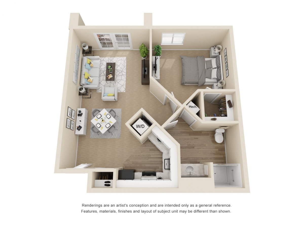A 3D floor plan of a one-bedroom apartment featuring an open-concept living area, kitchen, and bathroom.