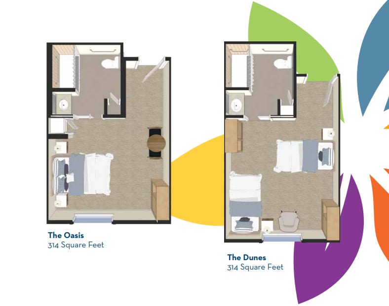 Floor plans for two studio apartments: The Oasis and The Haven.
