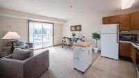 A bright apartment with an open living and dining area, featuring modern furniture and a view of the balcony.